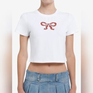 🔹️NWT Sweet Society Beaded Red Bow Crop Short Sleeve Top XLarge